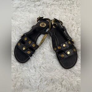 Tory Burch | Black Brown Studded Pebbled Leather Gladiator Flat Sandals